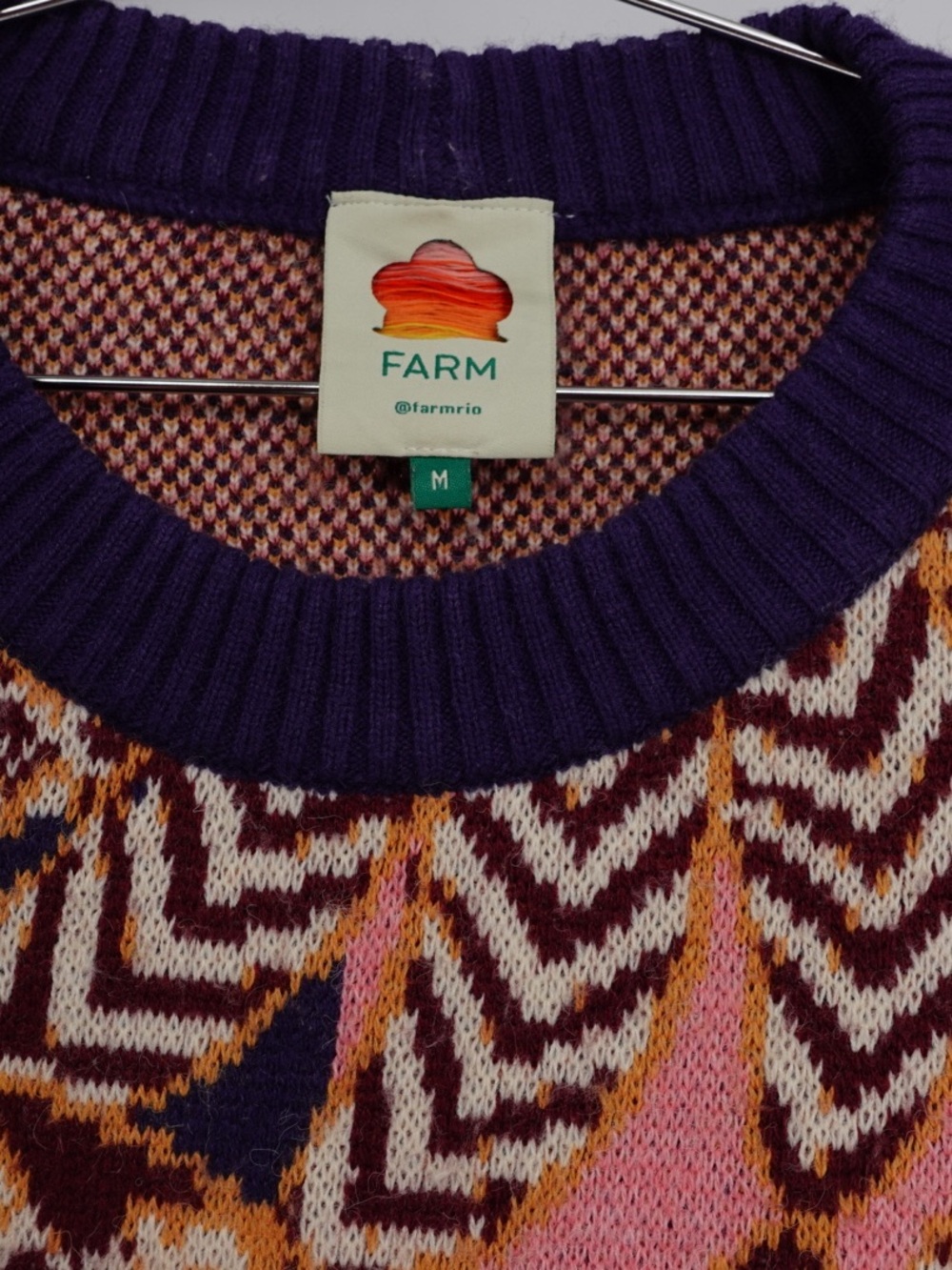 FARM RIO Multicolor Tropical Jacquard Knit Sweater Crew Neck Pink Purple Size M - Picture 2 of 6